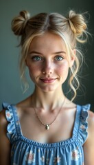 Young blond woman with freckles and blue eyes smiles. She has her hair in space buns and wears a light blue floral dress. A delicate necklace adorns her neck.
