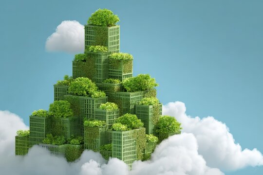 Green vertical city concept shows buildings covered in vegetation floating in a cloudy blue sky