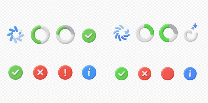 Set of 3D rendering icons for status, loading, success, error, and information messages.