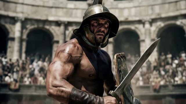 Muscular Roman gladiator holding a sword and shield in a crowded coliseum. Intense ancient warrior in combat stance ready to fight. Historical battle and strength concept