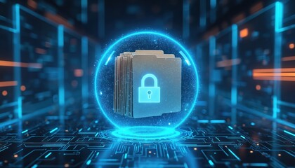Digital files secured in glowing sphere with lock icon. Represents data protection, cyber security, privacy, and encrypted information. Concept for tech innovation.
