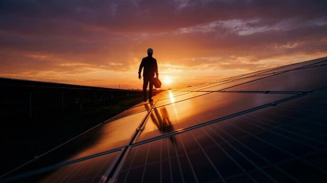 Silhouette of solar engineer walking along photovoltaic panels during dramatic sunset. Worker with helmet and toolbox inspecting energy farm. Sustainable power concept
