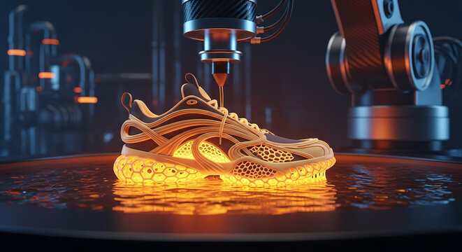 Advanced robotic arm 3D printing a complex futuristic sneaker with glowing orange light in a factory