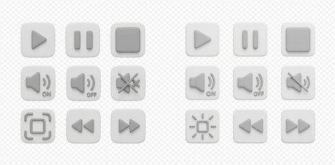 3D render of white multimedia player interface buttons with play, pause, stop, volume, and navigation controls. © Heri