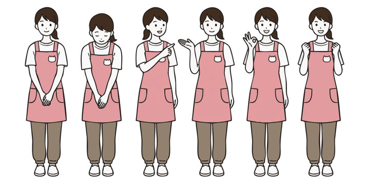 エプロンをつけた女性保育士の案内・挨拶・ポーズイラスト6種セット
