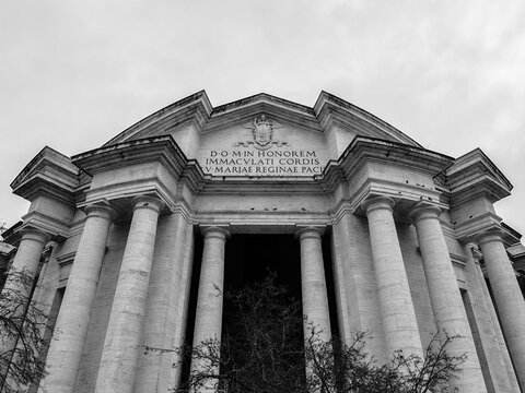 Rome, Italy - January 24, 2026, perspective view of the monumental fa&ccedil;ade overlooking Piazza Euclide in Rome, belonging to the Basilica of the Sacred Immaculate Heart of Mary.