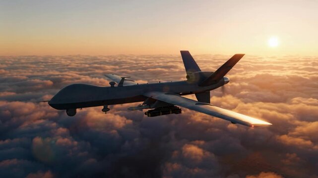 Military drone flying above a thick layer of clouds at sunset. UAV patrolling with missiles during golden hour. Modern warfare and surveillance technology concept. Cinematic aerial view