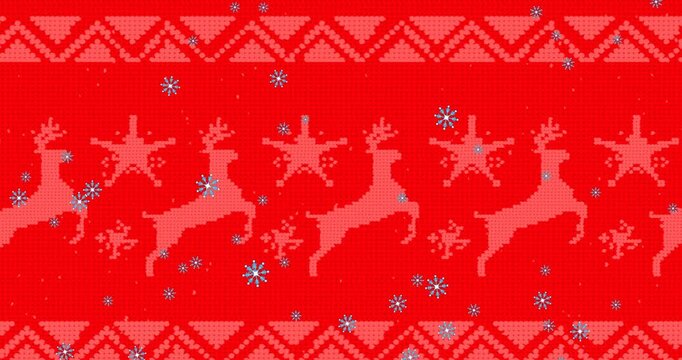Animation of snow falling over christmas pattern on red background