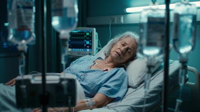 Elderly woman patient lying asleep in a hospital bed in the ICU. Senior female recovering from illness with IV drips and heart monitor. Medical healthcare and treatment concept