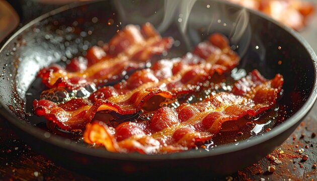 Close-up of crispy bacon strips sizzling in a dark frying pan, golden-brown edges curling as bubbles of hot fat shimmer and pop, rich textures and savory shine captured in warm, appetizing light.