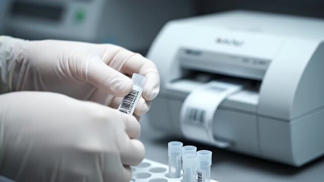 Hands in Gloves Handling Barcoded Sample Vials Near Label Printer in a Clinical Lab for Research and Analysis, Medical