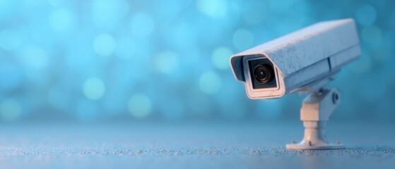 Surveillance Tracking Analytics White Surveillance Camera Angled Toward Frame with Soft Blue Bokeh Light Modern Security Concept
