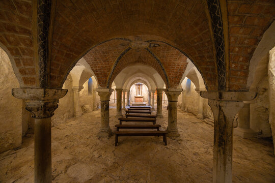 Vezelay Basilica crypt interior with Romanesque architecture