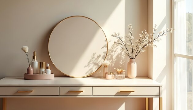 Minimalist beige dressing table with gold handles, round mirror. Cosmetic bottles, makeup brushes, delicate flowers in vase arranged for beauty routine. Soft sunlight streams creating calm atmosphere.