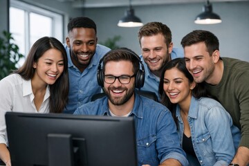 Group of diverse young professionals smiling and watching a computer screen together in a modern office setting, teamwork and collaboration concept. Ai generative