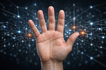 Human hand interacting with digital network nodes on dark background, symbolizing connection, biometric ID, or tech interface concept. Ai generative