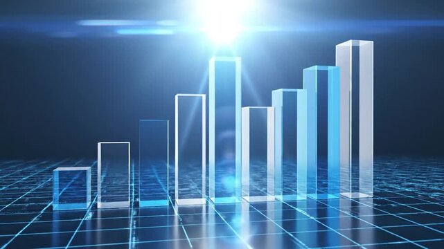A futuristic 3D bar chart with glowing blue bars of varying heights on a grid floor with a bright light shining down
