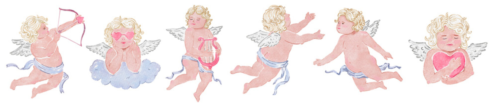 Romantic seamless pattern with adorable watercolor cupids in various poses, perfect for Valentine's Day, romantic designs, and baby showers.