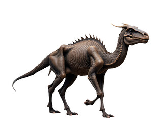 A close-up shot of a dinosaur statue sitting on a plain white background, great for educational or decorative purposes