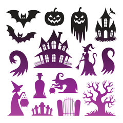 Obraz premium Halloween silhouette bats pumpkins haunted houses witches and graveyard flying bat
