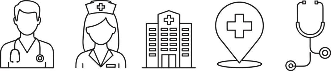 Fototapeta premium Healthcare line icons with doctor, nurse, hospital building, medical location marker and stethoscope