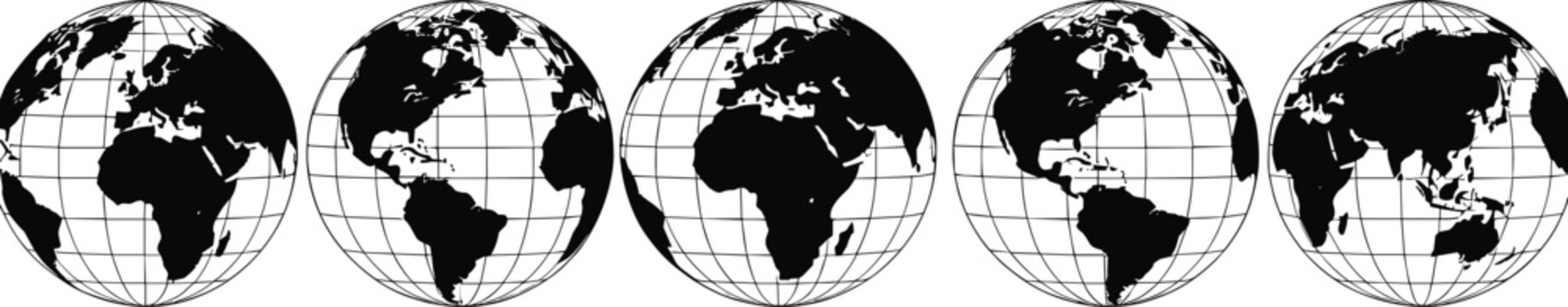 World globe icons set with latitude and longitude grid