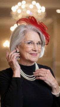 Elegant senior woman with gray hair wearing a red fascinator and pearls. Sophisticated mature lady smiling and adjusting her jewelry at a formal event. Vertical portrait for social media
