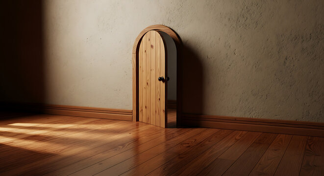 A small wooden door standing alone in a dimly lit room with sunlight casting shadows on the floor and wall nearby indoors