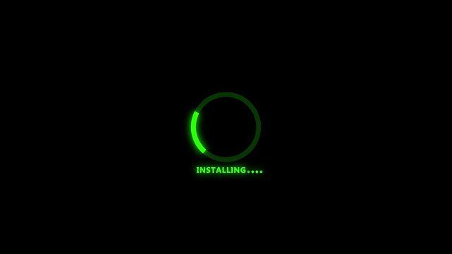 Glowing installing circle line animation. installing process line. green color installing, load, process, processing bar animation on black background.