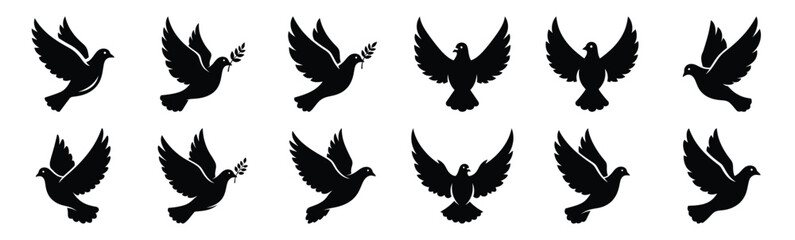 Obraz premium Easter peace dove Silhouette vector icon set. Easter vector icons on white background and Vector illustration.