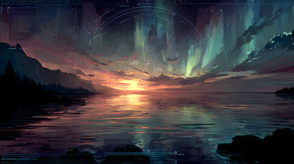 Northern lights over arctic horizon with subtle hud scanlines and dramatic clean digital mood