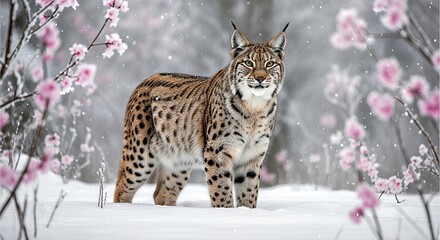 Obraz premium A majestic lynx standing in a serene snow-covered forest surrounded by blossoming trees viewed from a slight angle