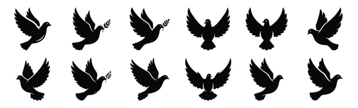 Easter peace dove Silhouette vector icon set. Easter vector icons on white background and Vector illustration.