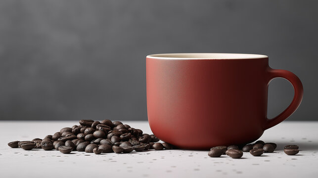 Red cup of coffee with milk and coffee beans on a white background, copy space	
 - Powered by Adobe