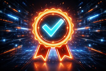 Glowing digital badge with checkmark symbolizing approval and certification on futuristic circuit background, creative concept illustration. Ai generative