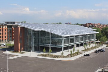 Obraz premium Modern building with solar panels and large glass windows located in a city space under a clear blue sky