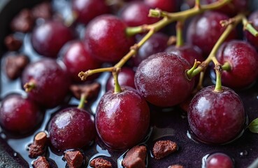 Obraz premium Dark red ripe grapes submerged in rich juice with bits of grape skin. Tiny stems and parts of the vine are visible in this close-up view of fruit production.