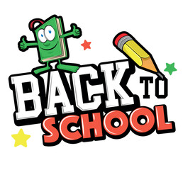 Back to school lettering in modern style with book and pencil cartoon . Vector illustration