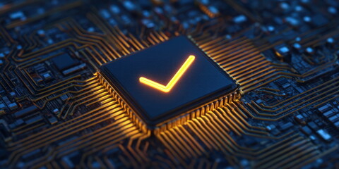 Trust Responsibility Assurance Glowing Orange Checkmark Symbol on Black Microchip with Golden Circuit Lines Security Verification Concept Certified Technology Base