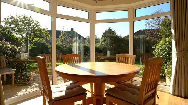 Dining area in bright sunroom with table and chairs looking out