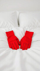 Pair of bright red gloves lying on a clean white bed with pillows