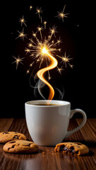 Hot coffee cup with magical golden sparkler light and chocolate chip cookies on wooden table