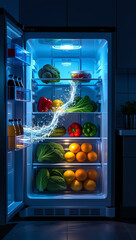 Open refrigerator with fresh vegetables and dynamic water splash in blue light