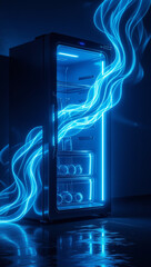 Futuristic smart refrigerator with blue neon light and glowing energy waves in dark kitchen