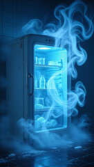Open refrigerator with intense blue light and thick cold vapor mist in dark room