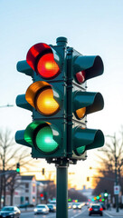 Traffic light against a city sunset background