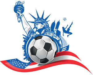 Dynamic American Soccer with Statue of Liberty and USA Flag. vector illustration