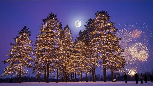 Decorated christmas trees illuminated against fireworks and moon