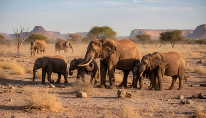 Fototapeta premium A herd of Desert elephants (Loxodonta africana) search for food in Namibia 