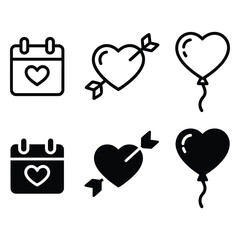 Outline Valentine Love Icon Set with Hearts, Calendar and Balloons